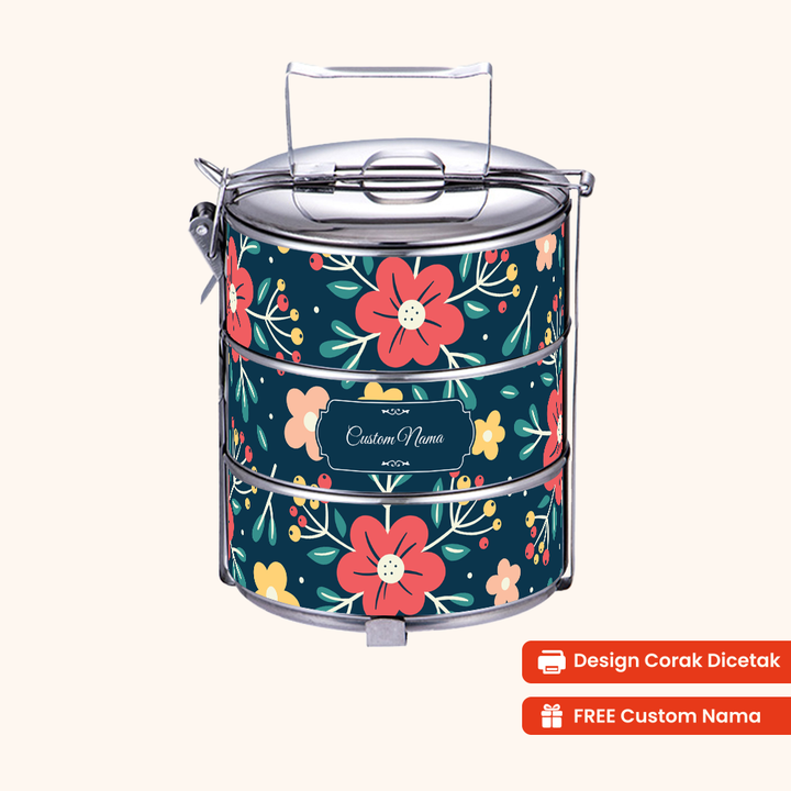 14cm 3-Tier Flora Dusk Tiffin Carrier — Design Cetakan Terus (Not Sticker) + Custom Nama Percuma