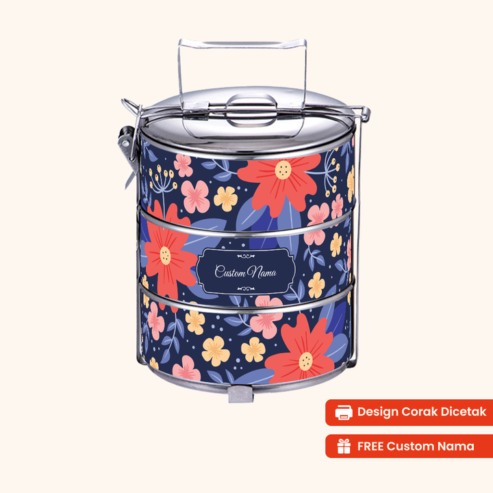 14cm 3-Tier Flora Echo Tiffin Carrier — Design Cetakan Terus (Not Sticker) + Custom Nama Percuma