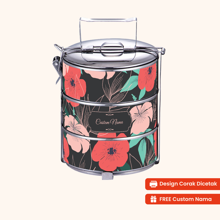 14cm 3-Tier Flora Gleam Tiffin Carrier — Design Cetakan Terus (Not Sticker) + Custom Nama Percuma