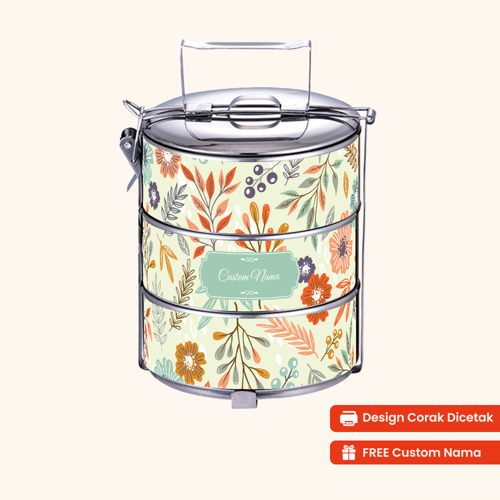 Corak Dicetak Terus (Not Sticker) — 12cm 3-Tier Floral Haven Tiffin Carrier + FREE Custom Nama for Mangkuk Tingkat