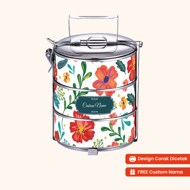 14cm 3-Tier Flora Lush Tiffin Carrier — Design Cetakan Terus (Not Sticker) + Custom Nama Percuma