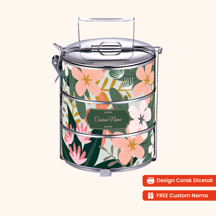 14cm 3-Tier Flora Muse Tiffin Carrier — Design Cetakan Terus (Not Sticker) + Custom Nama Percuma