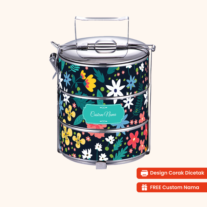 14cm 3-Tier Flora Petal Tiffin Carrier — Design Cetakan Terus (Not Sticker) + Custom Nama Percuma