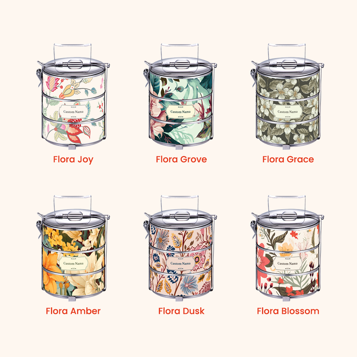 Corak Dicetak Terus (Not Sticker) — 12cm 3-Tier Floral 03 Tiffin Carrier + FREE Custom Nama for Mangkuk Tingkat