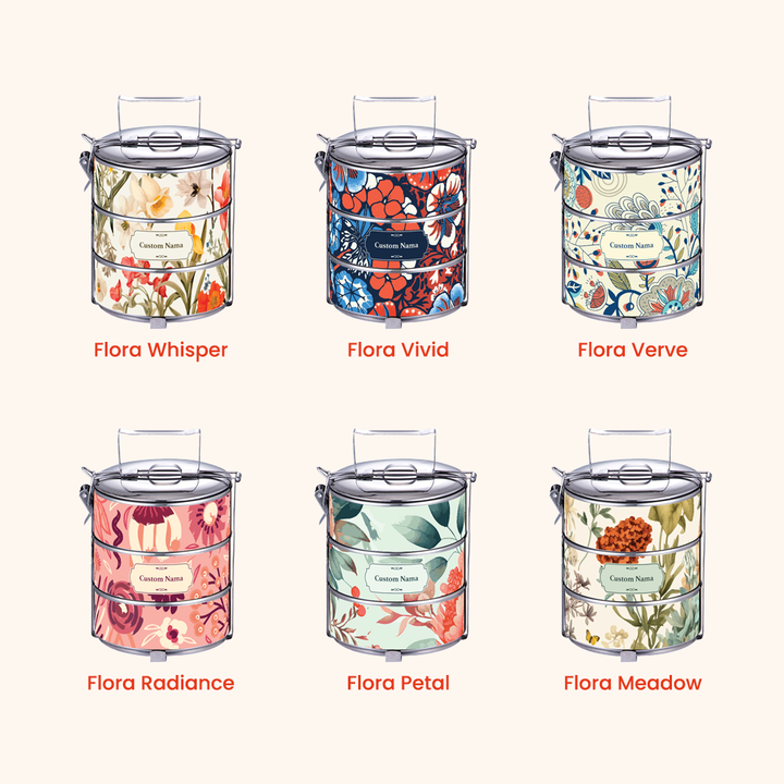 Corak Dicetak Terus (Not Sticker) — 12cm 3-Tier Floral 03 Tiffin Carrier + FREE Custom Nama for Mangkuk Tingkat