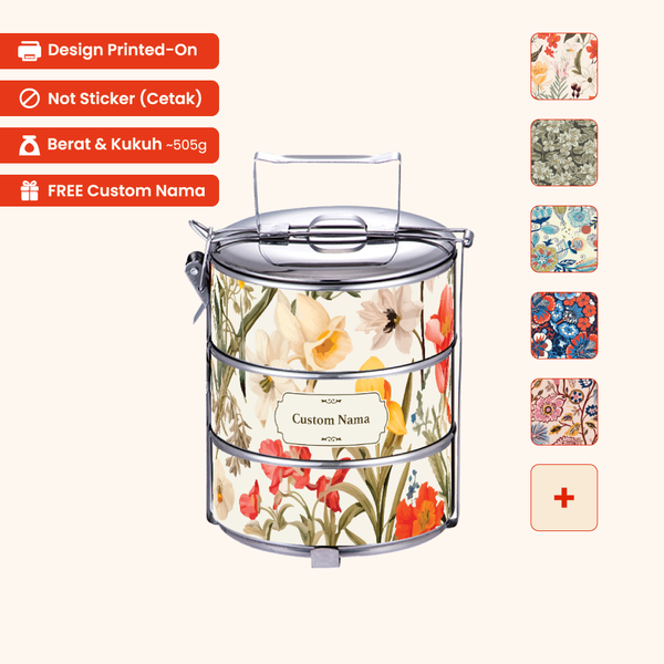 Corak Dicetak Terus (Not Sticker) — 12cm 3-Tier Floral 03 Tiffin Carrier + FREE Custom Nama for Mangkuk Tingkat