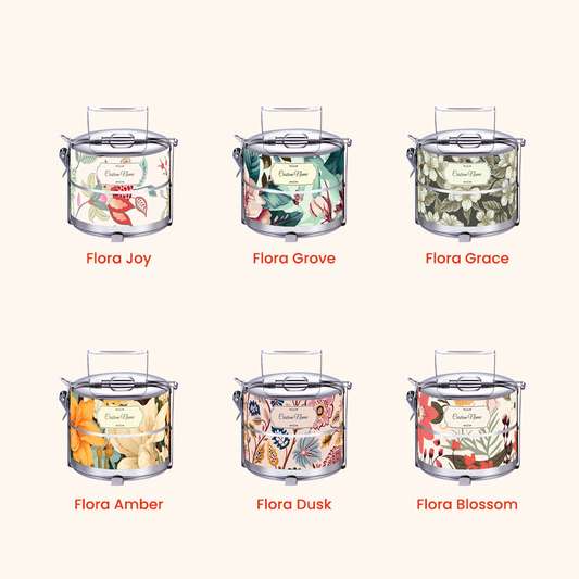 Corak Dicetak Terus (Not Sticker) — 14cm 2-Tier Floral 03 Tiffin Carrier + FREE Custom Nama