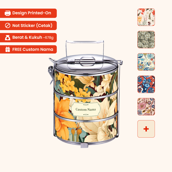 14cm 3-Tier Flora 03 Tiffin Carrier — Design Cetakan Terus (Not Sticker) + Custom Nama Percuma