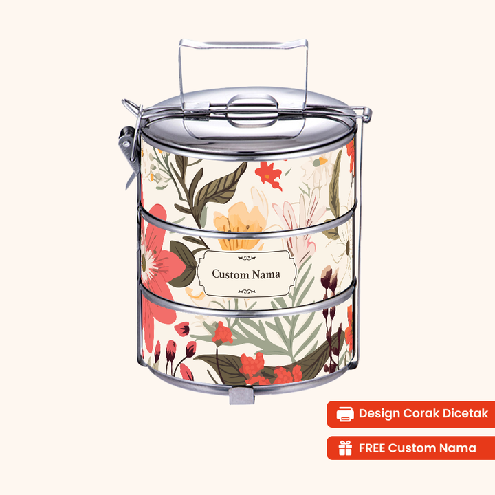 14cm 3-Tier Flora Blossom Tiffin Carrier — Design Cetakan Terus (Not Sticker) + Custom Nama Percuma