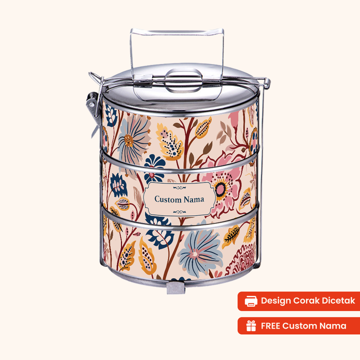 14cm 3-Tier Flora Dusk Tiffin Carrier — Design Cetakan Terus (Not Sticker) + Custom Nama Percuma