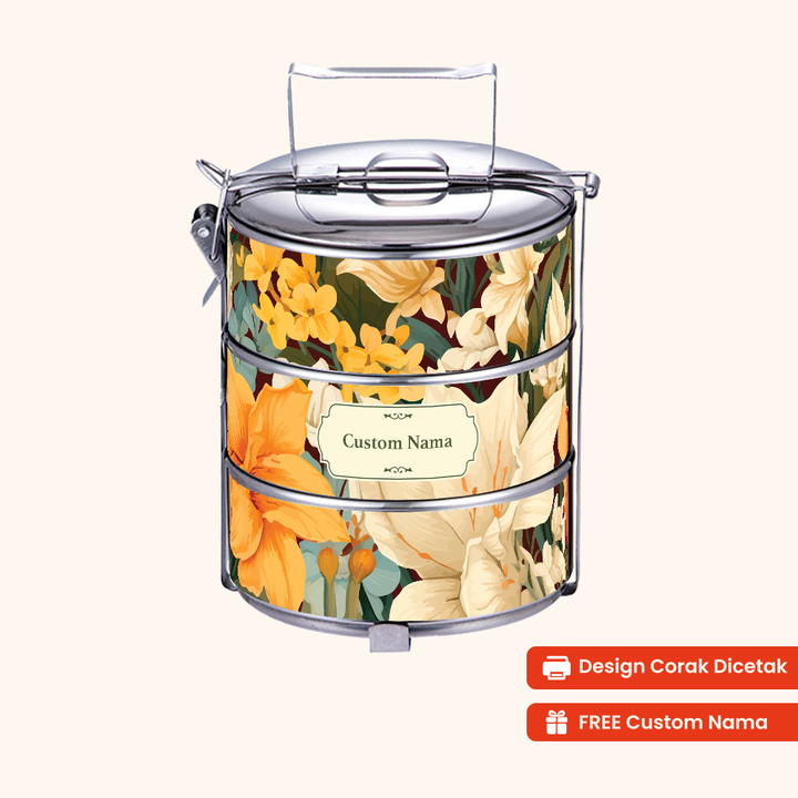 Corak Dicetak Terus (Not Sticker) — 12cm 3-Tier Floral Ember Tiffin Carrier + FREE Custom Nama for Mangkuk Tingkat