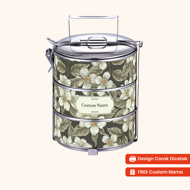 14cm 3-Tier Flora Grace Tiffin Carrier — Design Cetakan Terus (Not Sticker) + Custom Nama Percuma