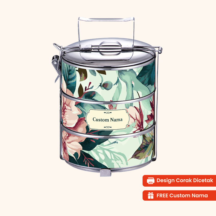 14cm 3-Tier Flora Grove Tiffin Carrier — Design Cetakan Terus (Not Sticker) + Custom Nama Percuma