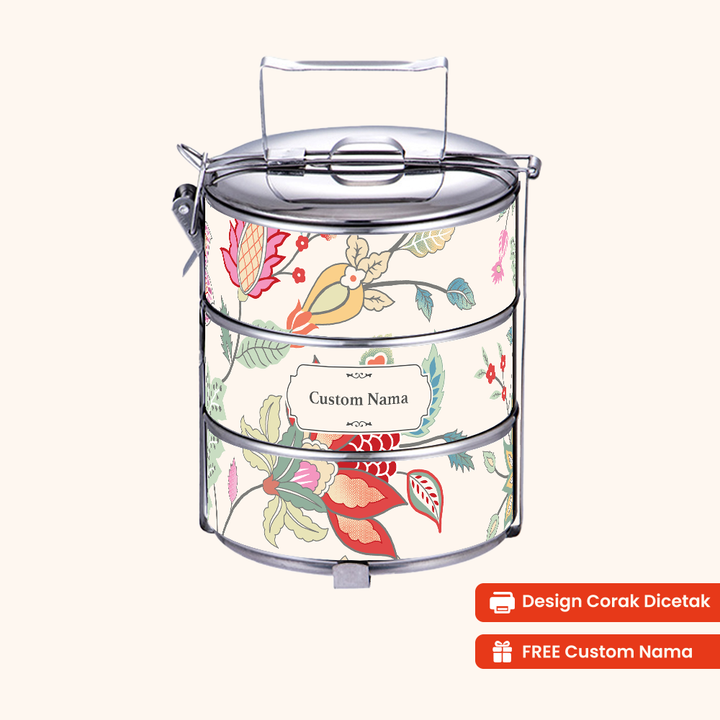 14cm 3-Tier Flora Joy Tiffin Carrier — Design Cetakan Terus (Not Sticker) + Custom Nama Percuma