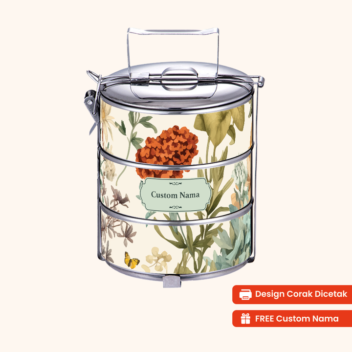 Corak Dicetak Terus (Not Sticker) — 12cm 3-Tier Floral Meadow Tiffin Carrier + FREE Custom Nama for Mangkuk Tingkat