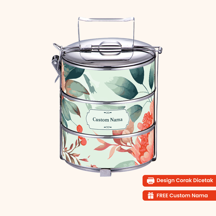 14cm 3-Tier Flora Petal Tiffin Carrier — Design Cetakan Terus (Not Sticker) + Custom Nama Percuma