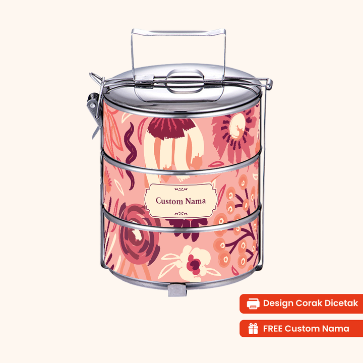 Corak Dicetak Terus (Not Sticker) — 12cm 3-Tier Floral Radiance Tiffin Carrier + FREE Custom Nama for Mangkuk Tingkat