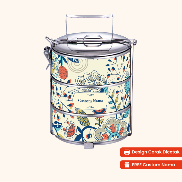 14cm 3-Tier Flora Verve Tiffin Carrier — Design Cetakan Terus (Not Sticker) + Custom Nama Percuma