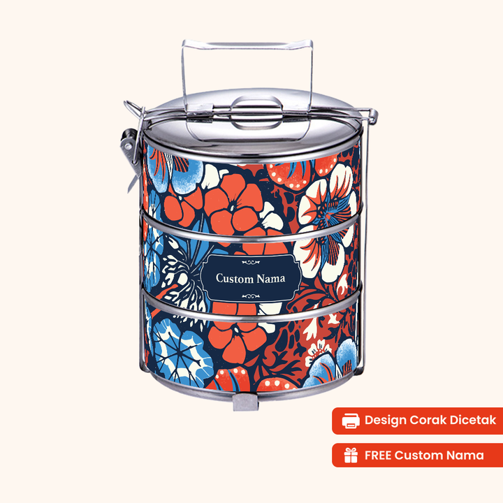 14cm 3-Tier Flora Vivid Tiffin Carrier — Design Cetakan Terus (Not Sticker) + Custom Nama Percuma