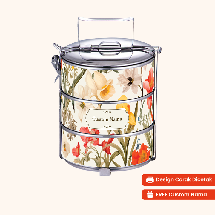 14cm 3-Tier Flora Whisper Tiffin Carrier — Design Cetakan Terus (Not Sticker) + Custom Nama Percuma