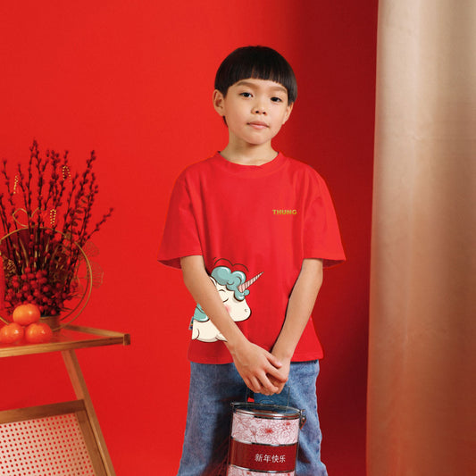 Teezbee.com - Chinese New Year of the Fire Horse 2026 | Joyful FÚ Blue Unicorn Print