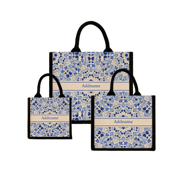 Teezbee.com - Chinese Porcelain Blue Jute Tote Bag (Black)