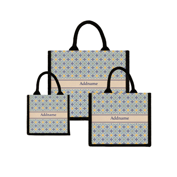 Teezbee.com - Moroccan Damask Blue Jute Tote Bag (Black)