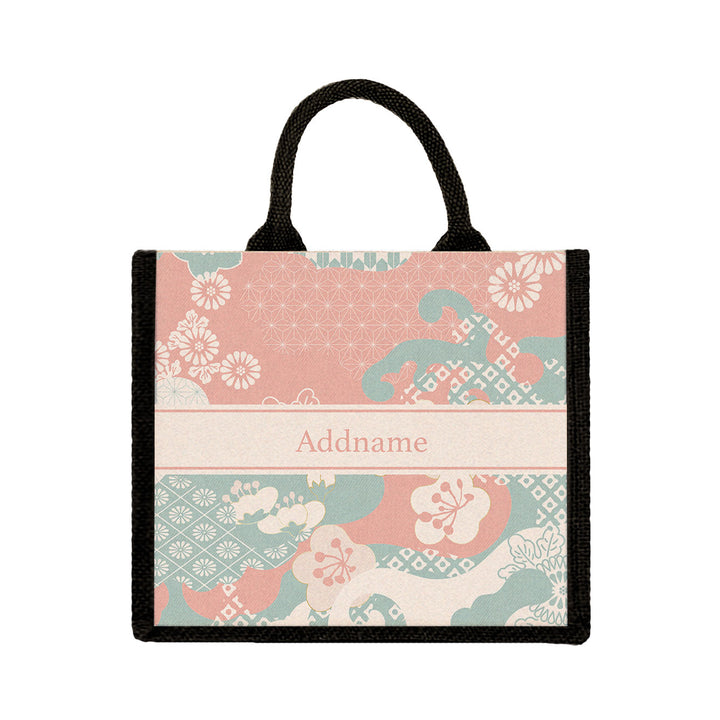 Teezbee.com - Rosy Cherry Blossom Oriental Series Jute Tote Bag (Medium | Black | Classic)