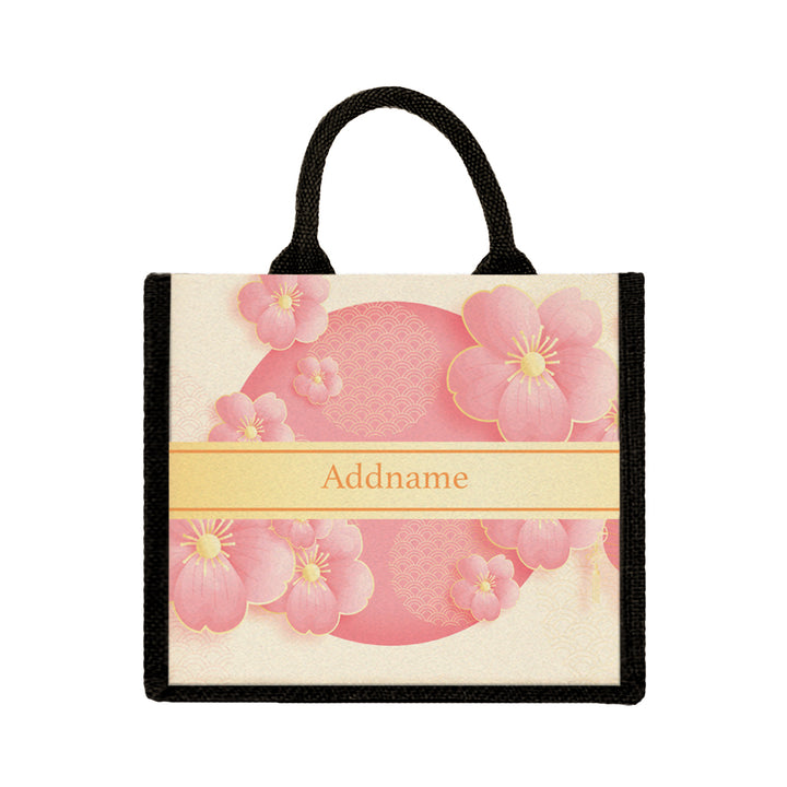 Teezbee.com - Pink Sakura Jute Tote Bag (Black | Medium)