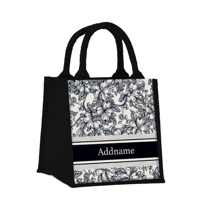 Teezbee.com - Floral Artline Series Jute Tote Bag (Small | Black | Classic)