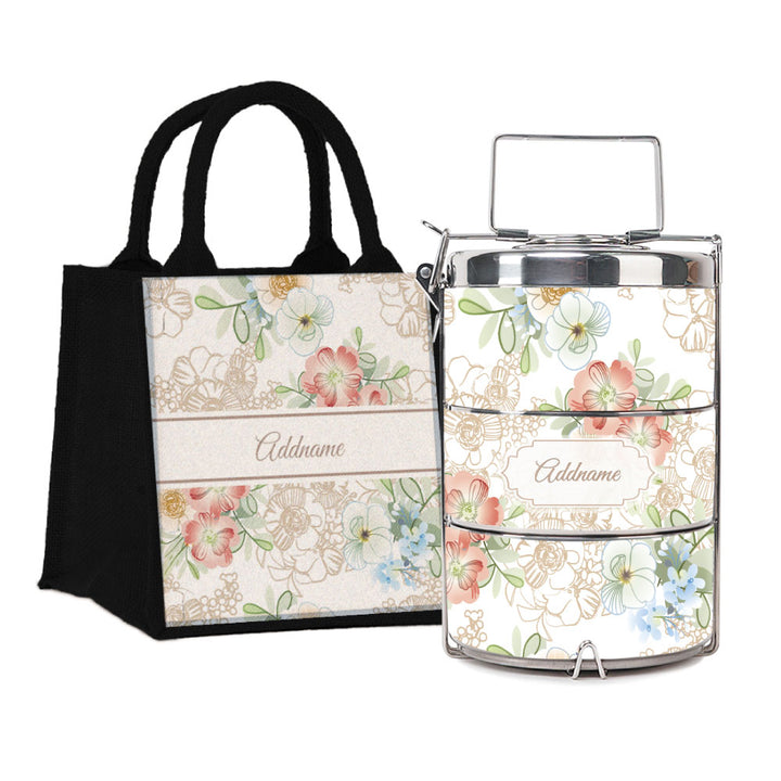 Abstract Fleur Flora Series 3-Tier Premium Small 11.5cm Tiffin Carrier & Jute Bag (Black | Signature)