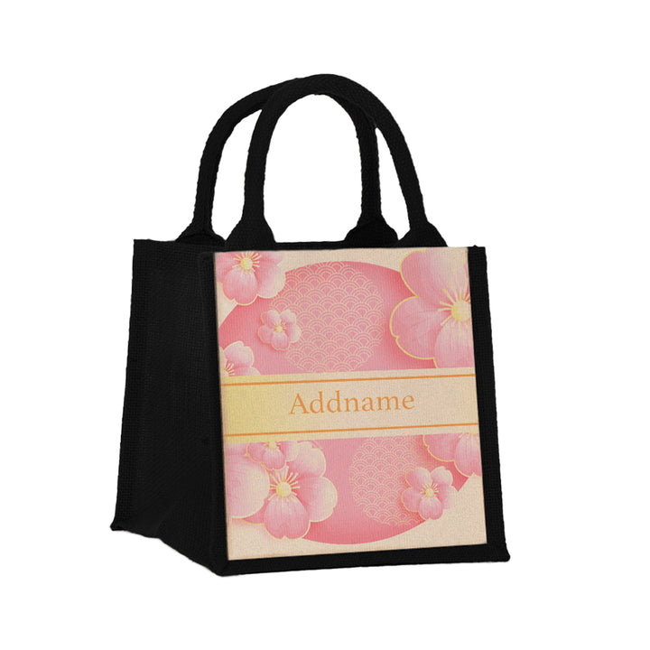 Teezbee.com - Pink Sakura Jute Tote Bag (Black | Small)