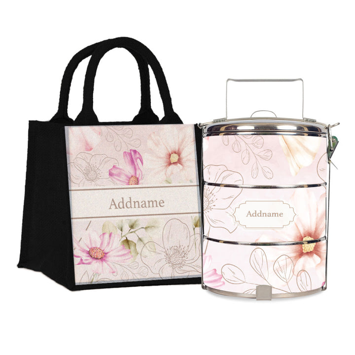 Floral Verse Flora Series 3-Tier Standard Small 12cm Tiffin Carrier & Jute Bag (Black | Classic)