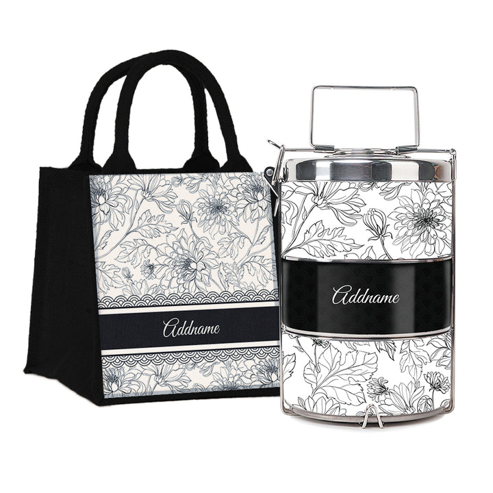 Chrysanths Artline Series 3-Tier Premium Small 11.5cm Tiffin Carrier & Jute Bag (Black | Signature)