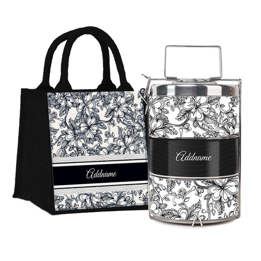 Floral Artline Series 3-Tier Premium Small 11.5cm Tiffin Carrier & Jute Bag (Black | Signature)