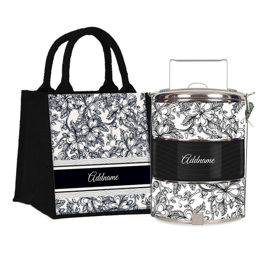 Teezbee.com - Floral Artline Series 3-Tier Standard Small 12cm Tiffin Carrier & Jute Bag (Black | Signature)
