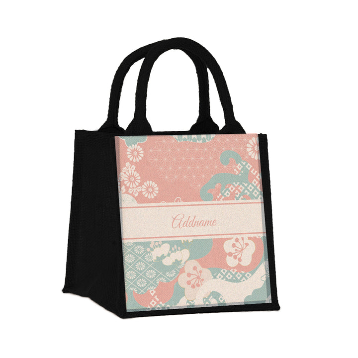 Teezbee.com - Rosy Cherry Blossom Oriental Series Jute Tote Bag (Small | Black | Signature)