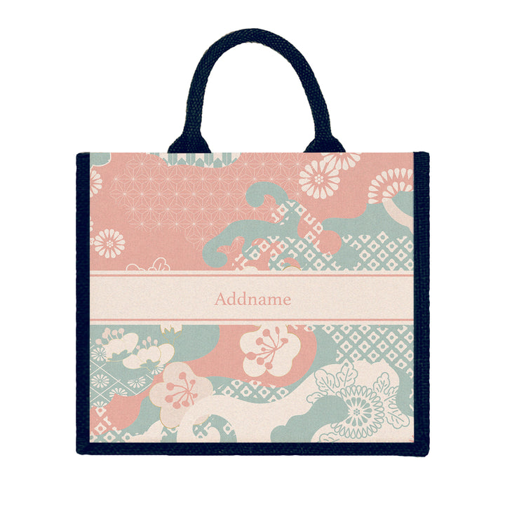 Teezbee.com - Rosy Cherry Blossom Oriental Series Jute Tote Bag (Large | Navy | Classic)