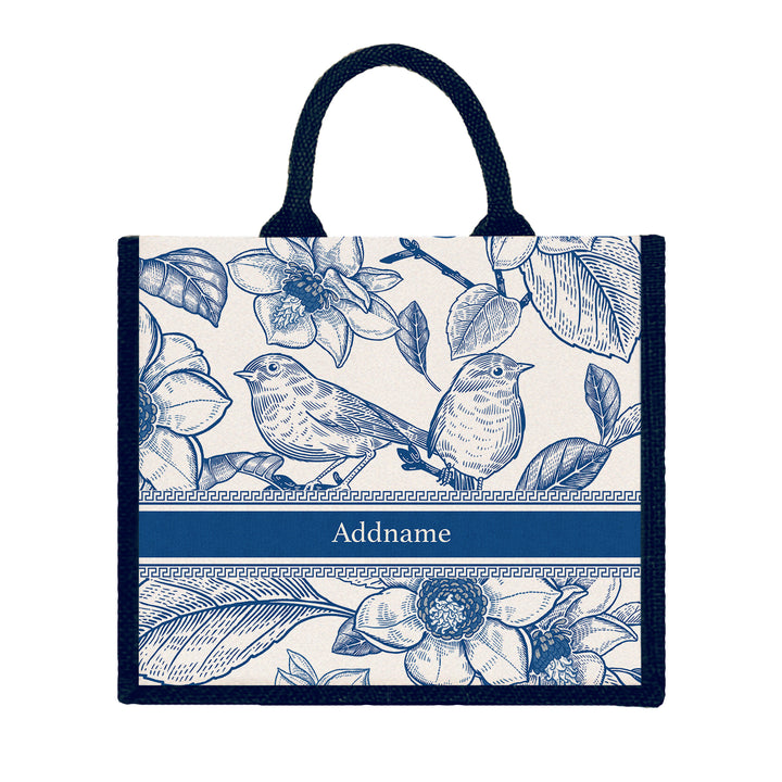 Teezbee.com - Vintage Birds Artline Series Jute Tote Bag (Large | Navy | Classic)