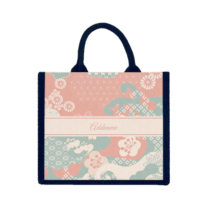 Teezbee.com - Rosy Cherry Blossom Oriental Series Jute Tote Bag (Medium | Navy | Signature)