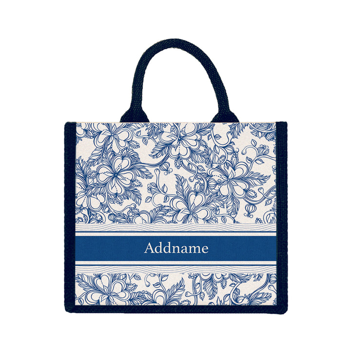 Teezbee.com - Floral Artline Series Jute Tote Bag (Medium | Navy | Classic)