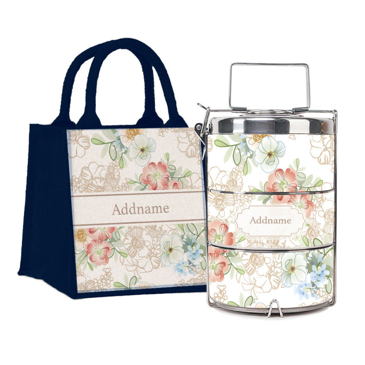 Abstract Fleur Flora Series 3-Tier Premium Small 11.5cm Tiffin Carrier & Jute Bag (Blue | Classic)