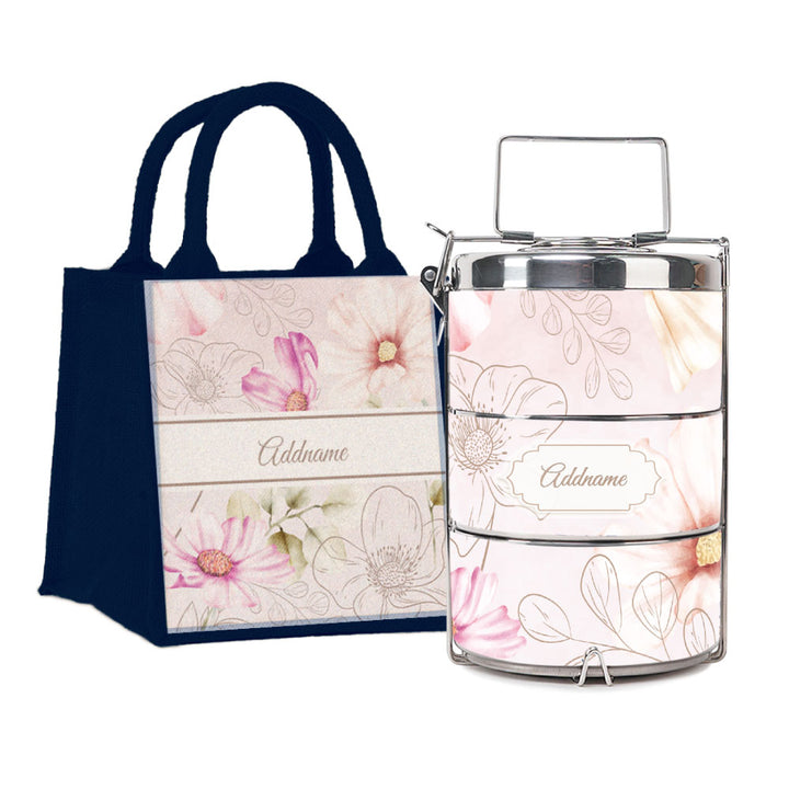 Floral Verse Flora Series 3-Tier Premium Small 11.5cm Tiffin Carrier & Jute Bag (Blue | Signature)