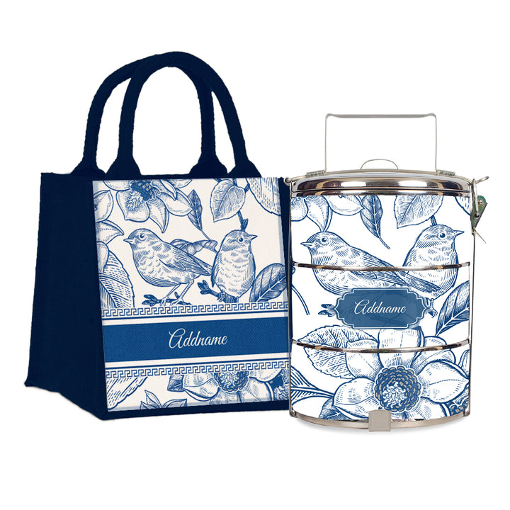 Vintage Birds Artline Series 3-Tier Standard Small 12cm Tiffin Carrier & Jute Bag (Navy | Signature)