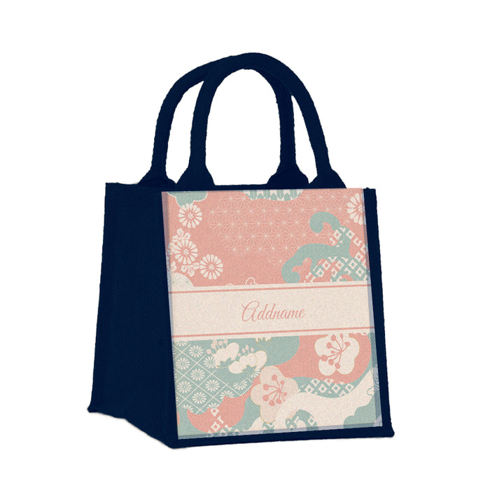 Teezbee.com - Rosy Cherry Blossom Oriental Series Jute Tote Bag (Small | Navy | Signature)