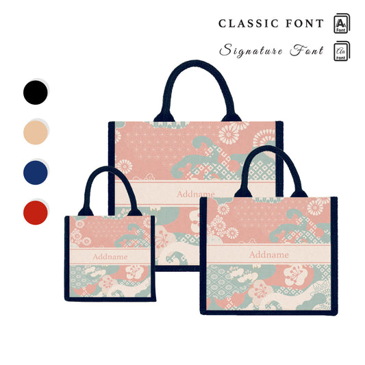 Teezbee.com - Rosy Cherry Blossom Oriental Series Jute Tote Bag (Navy)