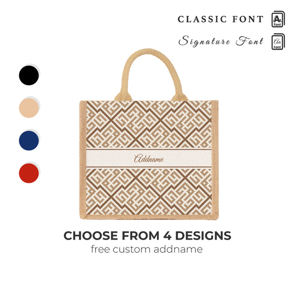 Teezbee.com - Linear Cubic Moroccan & Mosaic Series Jute Tote Bag (Medium | Natural | Signature)
