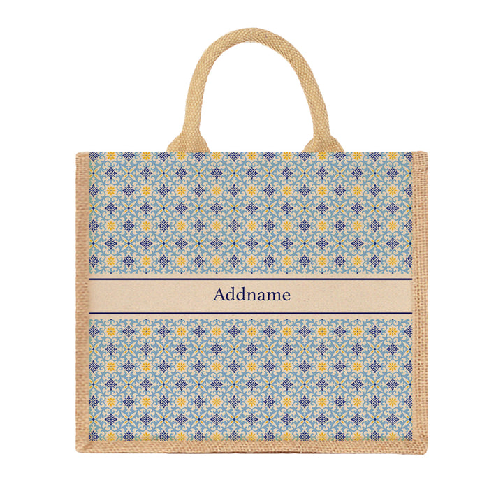 Teezbee.com - Moroccan Damask Blue Jute Tote Bag (Natural | Large)