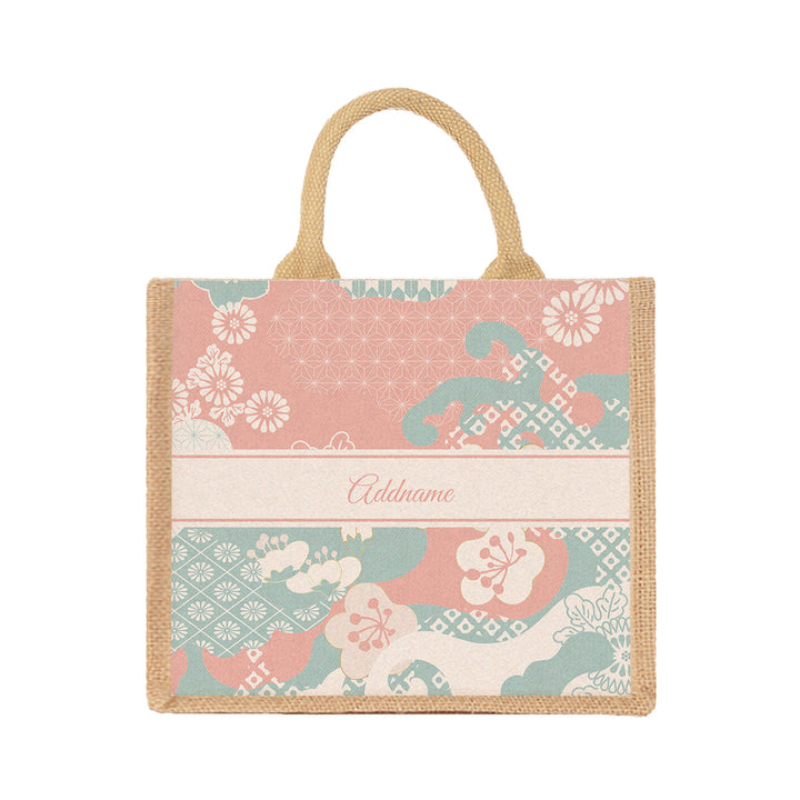 Teezbee.com - Rosy Cherry Blossom Oriental Series Jute Tote Bag (Medium | Natural | Signature)