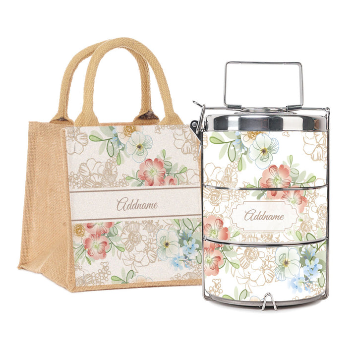 Abstract Fleur Flora Series 3-Tier Premium Small 11.5cm Tiffin Carrier & Jute Bag (Natural | Signature)